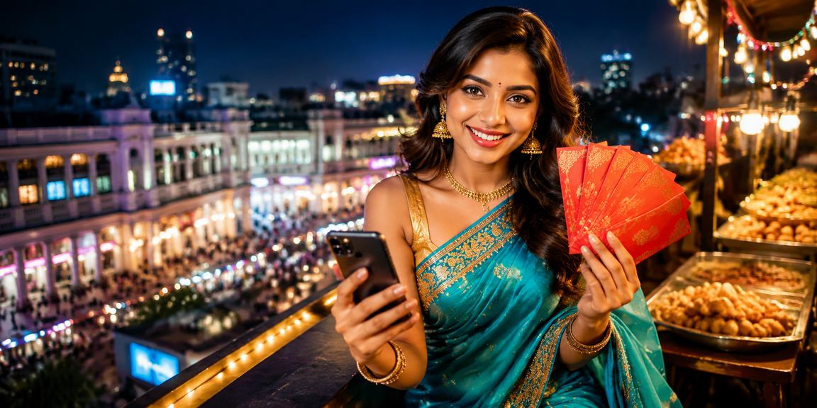 Joyful woman celebrating casino winnings in Delhi